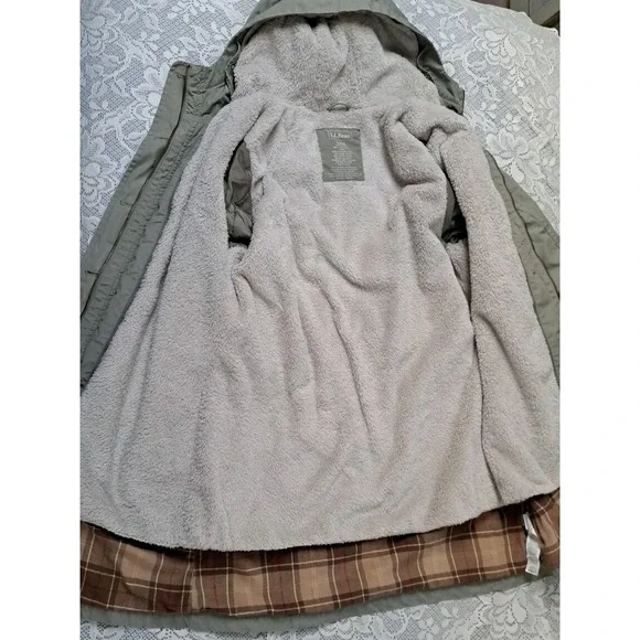 LL Bean Coat L 2-in-1 Hooded Army Green Fleece Removable Liner Drawstring Waist - Picture 8 of 12